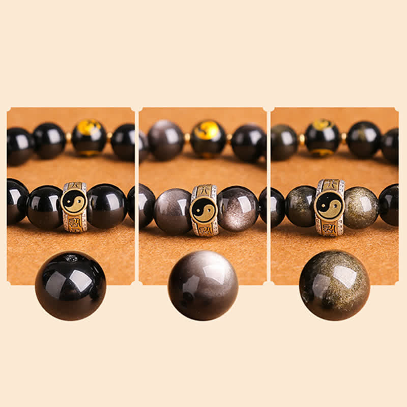 Nimara Ritual 925 Sterling Silver Black Obsidian Gold Sheen Obsidian Silver Sheen Obsidian Yin Yang Protection Bracelet