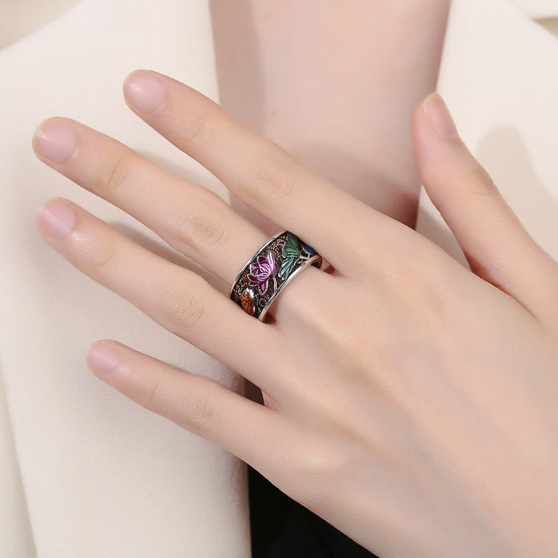 Nimara Ritual Copper Blue Enamel Lotus Heart Sutra Koi Fish Luck Ring