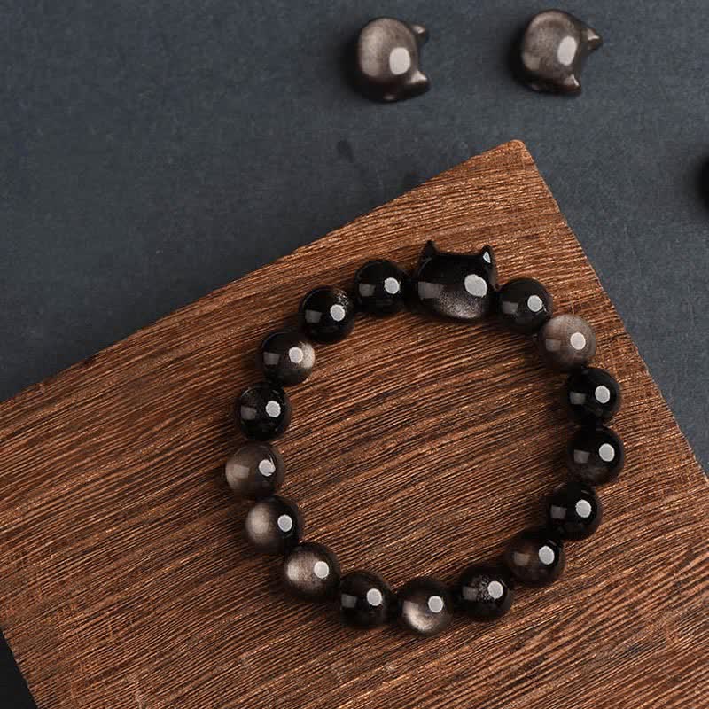 Nimara Ritual Gold Sheen Obsidian Silver Sheen Obsidian Lovely Paw Lucky Cat Protection Bracelet