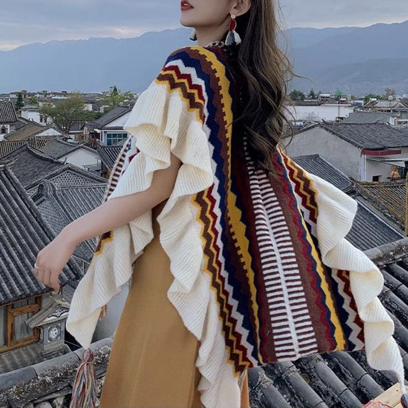 Nimara Ritual Tibetan Shawl Colorful Striped Wavy Line Tassels Winter Cozy Travel Scarf Wrap