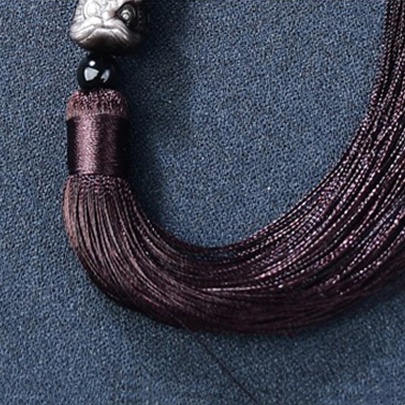 Nimara Ritual Natural Silver Sheen Obsidian Lion Wrist Mala Protection Tassels Pocket Mala Car Decoration