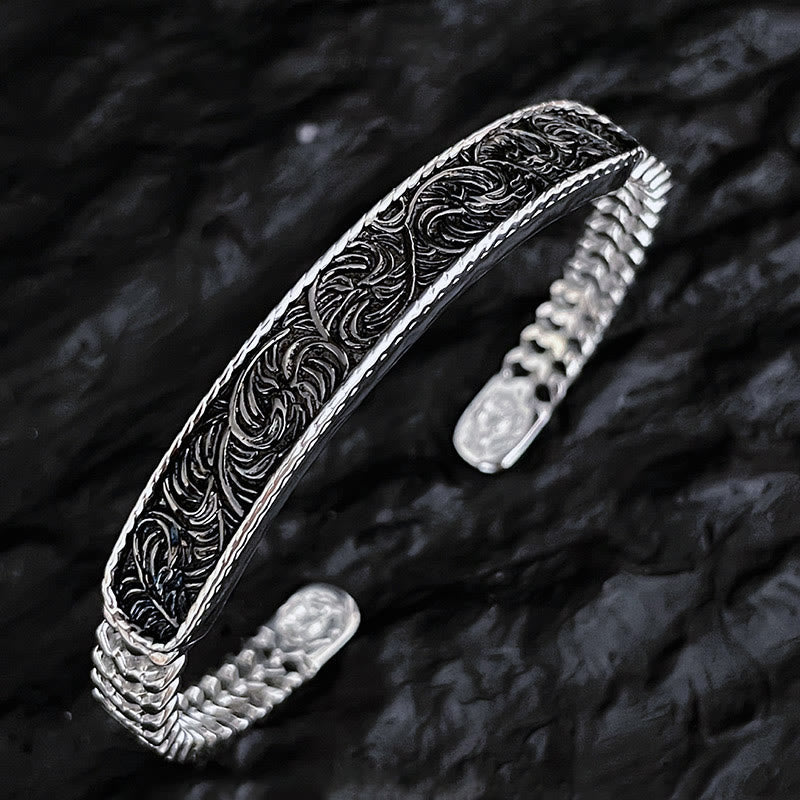 Nimara Ritual Tang Dynasty Flower Design Engraved Copper Luck Cuff Bracelet Bangle Adjustable Ring