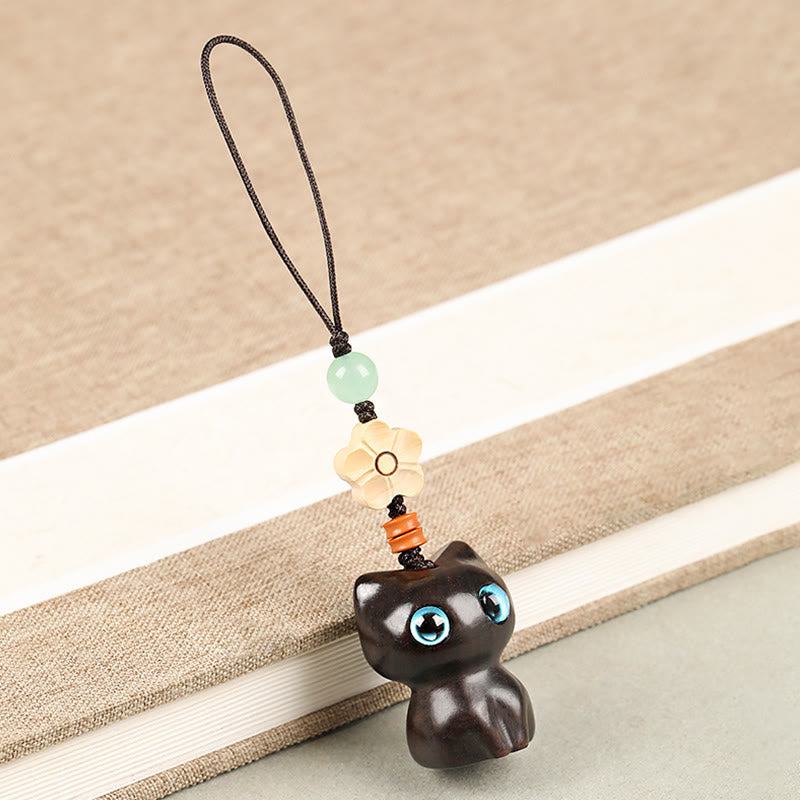 Nimara Ritual Mini Small Leaf Red Sandalwood Ebony Wood Lucky Cat Lovely Kitty Peace Key Chain Phone Hanging Decoration
