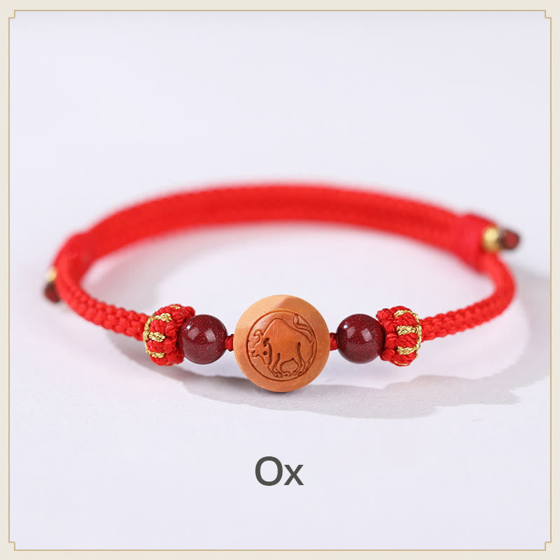 Nimara Ritual Natural Peach Wood Chinese Zodiac Fu Character Carved Cinnabar Wealth Bracelet