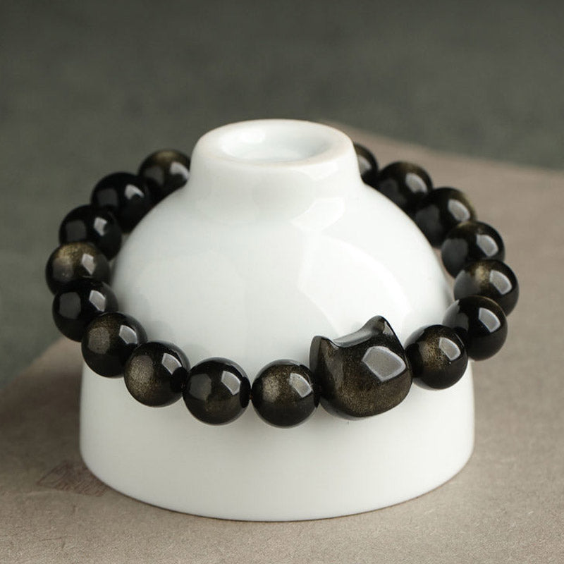 Nimara Ritual Gold Sheen Obsidian Silver Sheen Obsidian Lovely Paw Lucky Cat Protection Bracelet