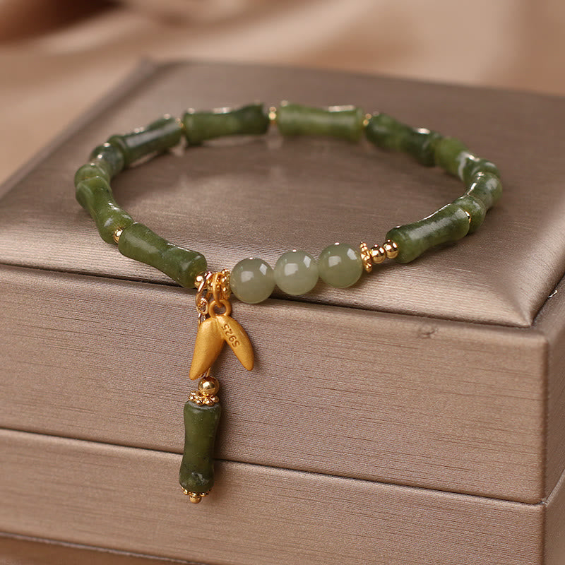 Nimara Ritual Green Bamboo Jade Leaf Pattern Wealth Luck Bracelet