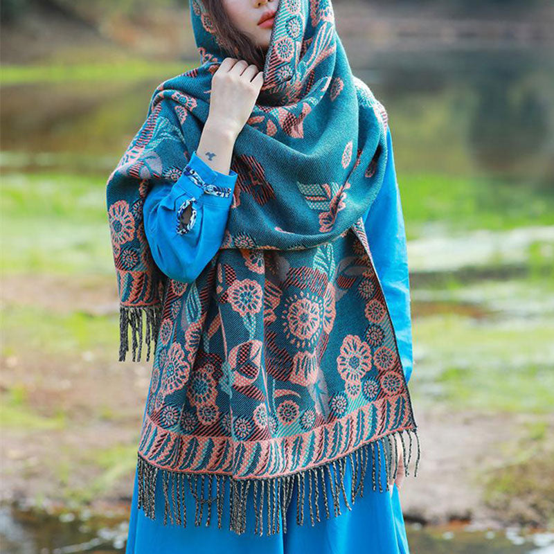 Nimara Ritual Tibetan Flower Floral Leaves Pattern Design Shawl Cozy Travel Scarf Wrap