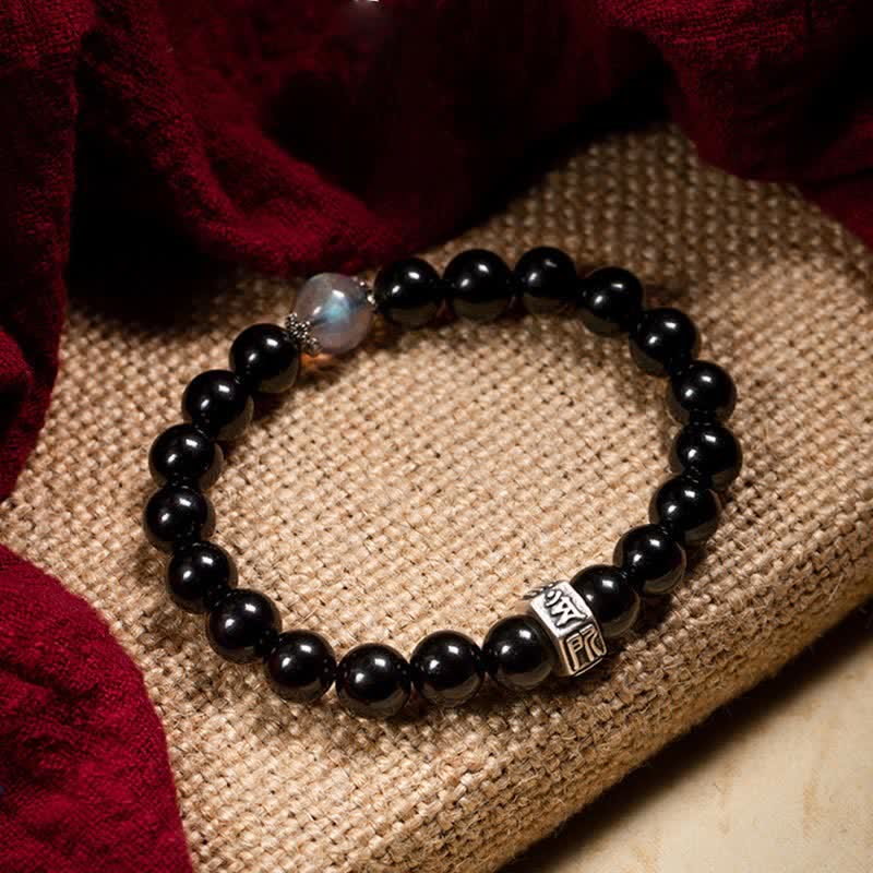 Nimara Ritual Chinese Zodiac Natal Buddha 925 Sterling Silver Black Obsidian Moonstone Strength Bracelet