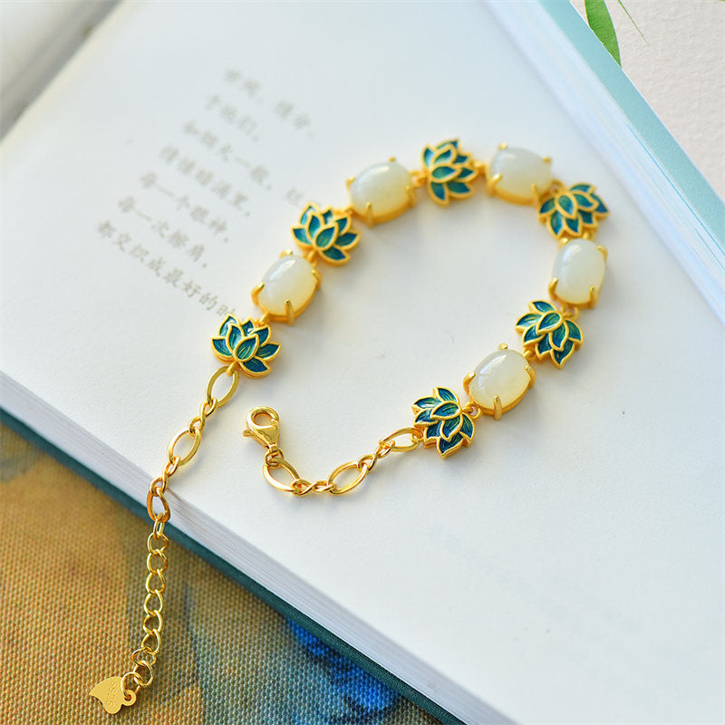 Nimara Ritual White Jade Cyan Jade Lotus Protection Bracelet