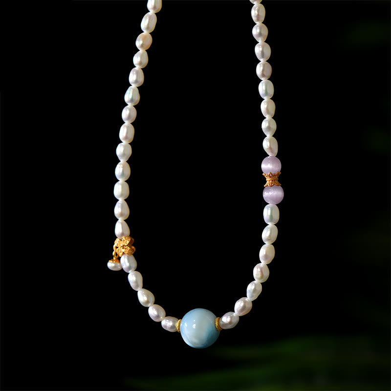 Nimara Ritual 925 Sterling Silver Natural Pearl Larimar Sincerity Necklace Pendant