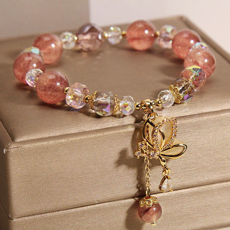 Nimara Ritual Natural Strawberry Quartz Healing Positive Butterfly Charm Bracelet