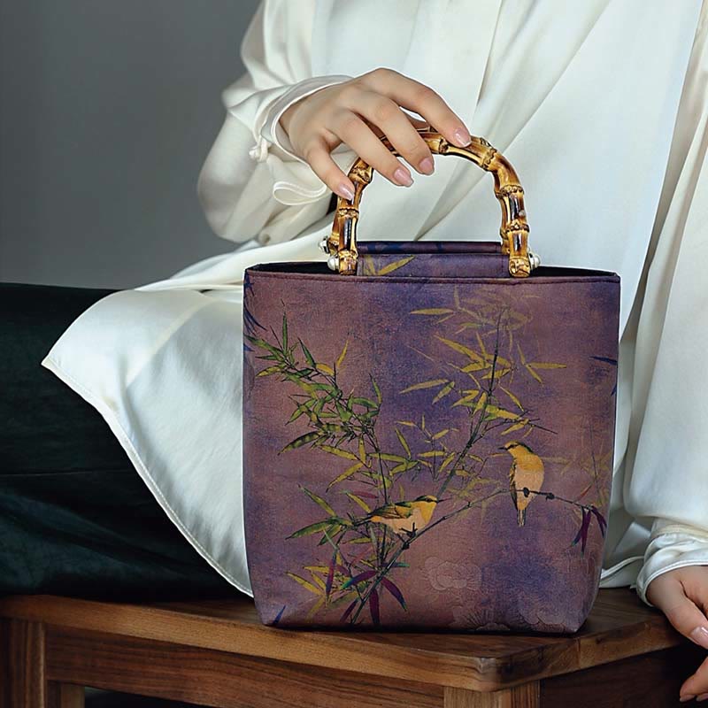 Nimara Ritual Purple Magpie Birds Branches Bamboo Handles Handbag