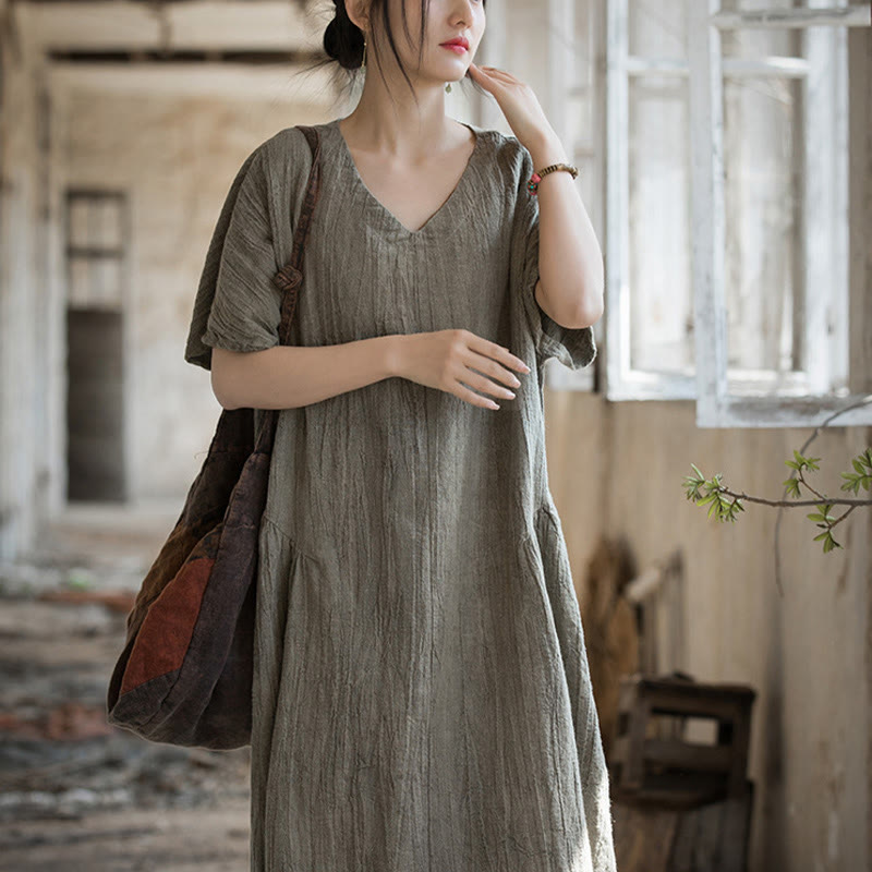 Nimara Ritual Handmade Tie Dye V-Neck Midi Dress Linen Short Sleeve Dress