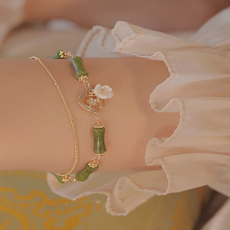 Nimara Ritual 14k Gold Plated Copper Peridot Bamboo Flower Wealth Double Layer Bracelet