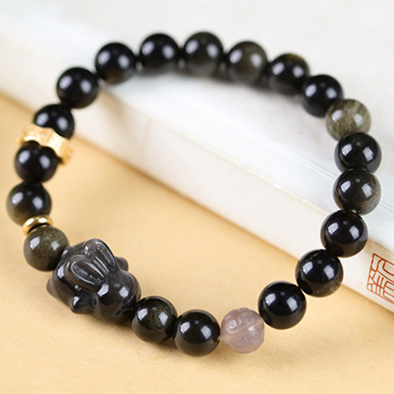 Nimara Ritual Gold Sheen Obsidian Black Obsidian Silver Sheen Obsidian Cute Rabbit Protection Bracelet