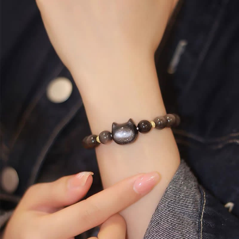 Nimara Ritual Gold Sheen Obsidian Silver Sheen Obsidian Lovely Paw Lucky Cat Protection Bracelet