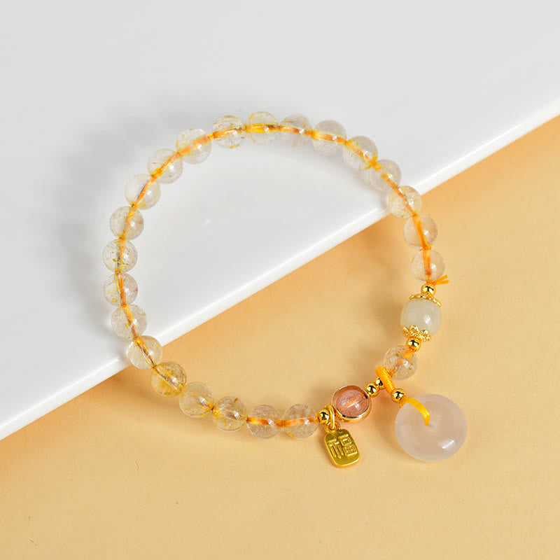 Nimara Ritual Natural Golden Rutilated Quartz Fu Character Peace Buckle Charm Wealth Bracelet