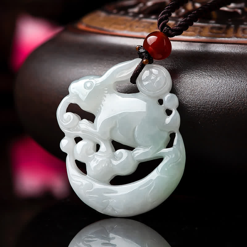 Nimara Ritual Year of the Rabbit White Jade Crescent Moon Protection Necklace Pendant