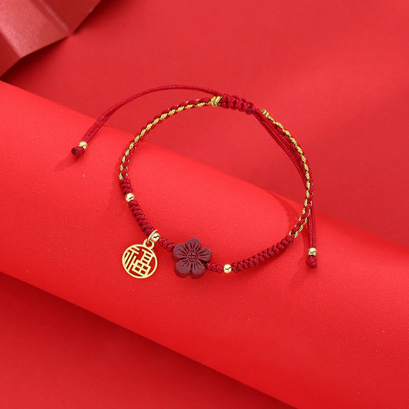 Nimara Ritual Cinnabar Flower Fu Character Blessing Braided String Bracelet
