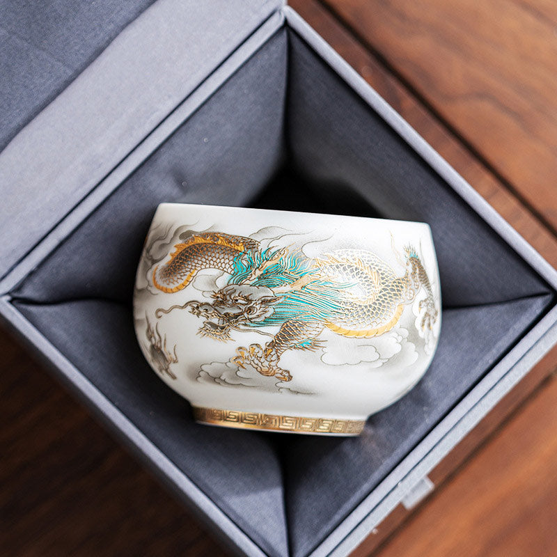 Nimara Ritual Dragon Phoenix Auspicious Clouds Ceramic Teacup Kung Fu Tea Cup With Gift Box