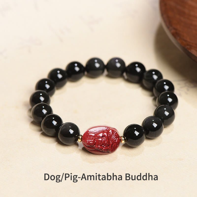 Nimara Ritual Chinese Zodiac Natal Buddha Natural Black Obsidian Cinnabar Purification Bracelet