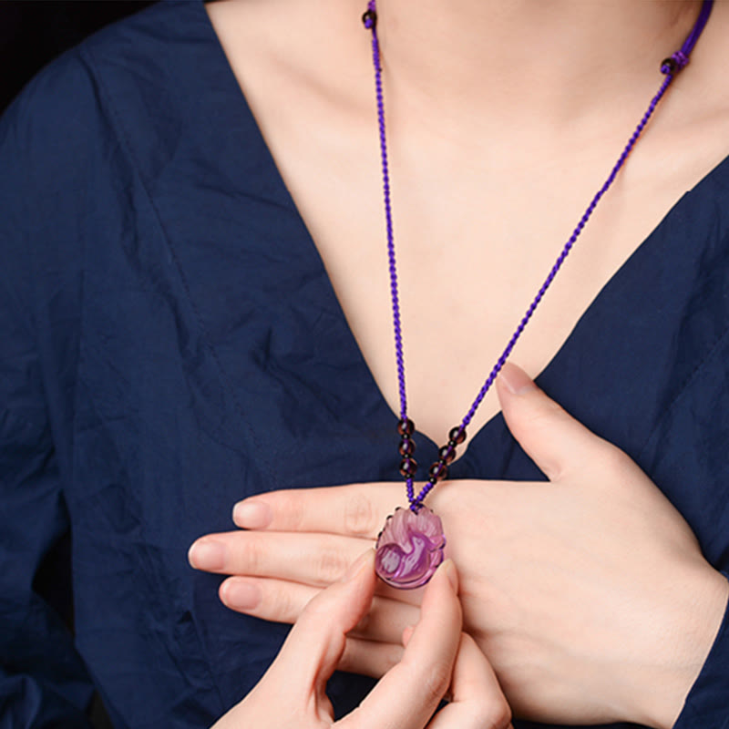 Nimara Ritual Natural Amethyst White Crystal Citrine Nine Tailed Fox Luck Necklace Pendant