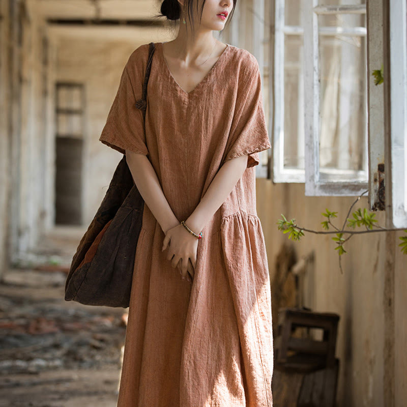 Nimara Ritual Handmade Tie Dye V-Neck Midi Dress Linen Short Sleeve Dress