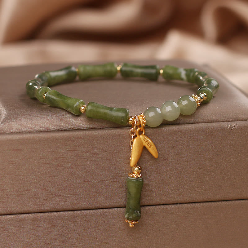 Nimara Ritual Green Bamboo Jade Leaf Pattern Wealth Luck Bracelet