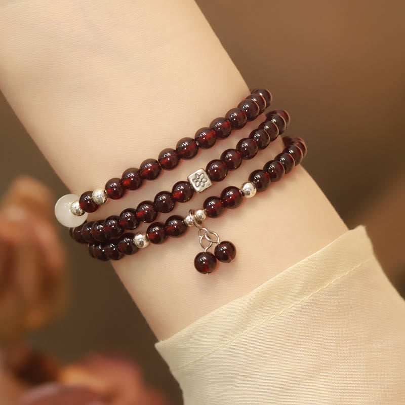 Nimara Ritual 925 Sterling Silver Natural Garnet Cat Eye Protection Triple Wrap Bracelet