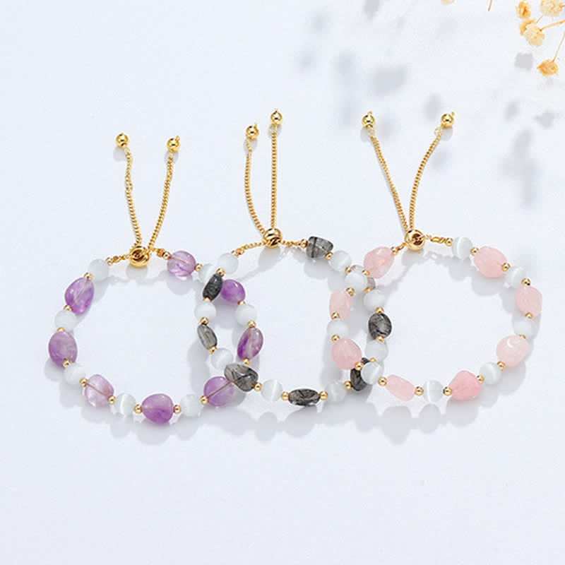Nimara Ritual Amethyst Pink Crystal Black Rutilated Quartz Spiritual Awareness Bracelet