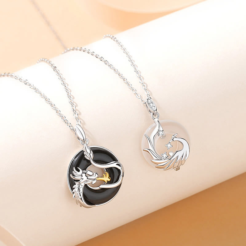 Nimara Ritual 925 Sterling Silver Year of the Dragon Natural Black Onyx Chalcedony Dragon Phoenix Peace Buckle Protection Necklace Pendant