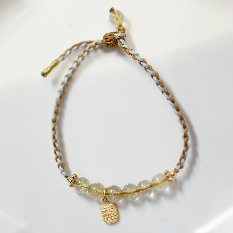 Nimara Ritual 925 Sterling Silver Natural Jade Gourd Rutilated Quartz Fu Character Luck Braid Bracelet