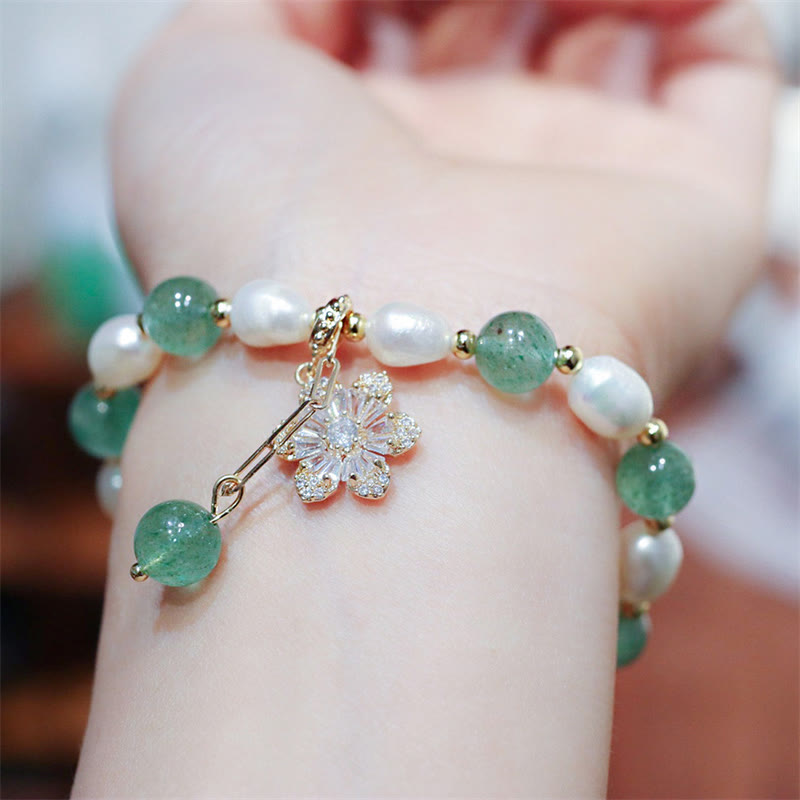 Nimara Ritual Natural Green Strawberry Quartz Pearl Flower Charm Love Bracelet