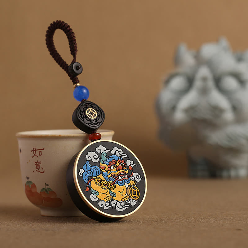 Nimara Ritual PiXiu Copper Coin Ebony Wood Luck Attract Wealth Key Chain Decoration