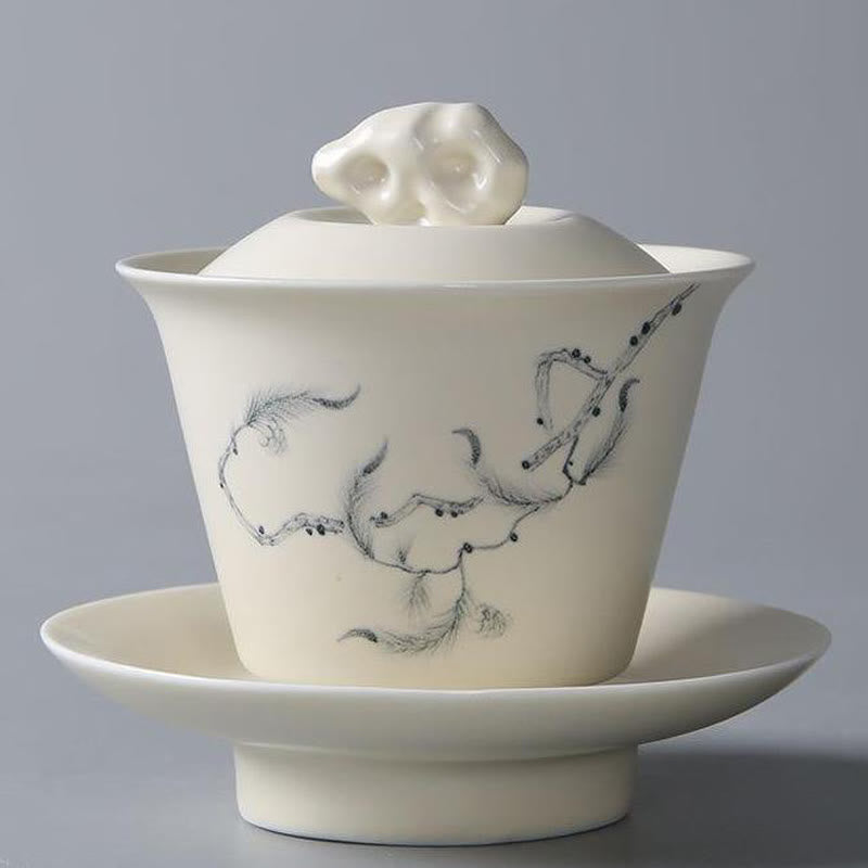 Nimara Ritual Hand Painted Pomegranate Hibiscus Pine Lotus Ceramic Gaiwan Sancai Teacup Kung Fu Tea Cup And Saucer With Lid