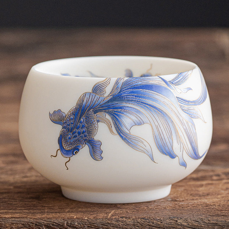 Nimara Ritual Koi Fish White Porcelain Ceramic Teacup Kung Fu Tea Cup