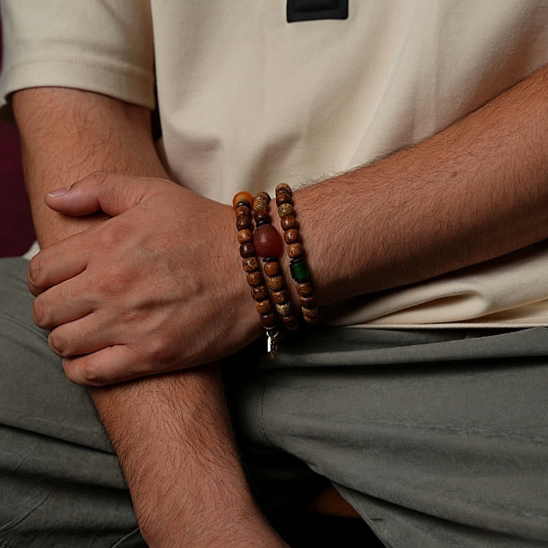 Nimara Ritual Tibetan Bodhi Seed Amber Dzi Bead Agate Zakiram Goddess of Wealth Beads Triple Wrap Bracelet