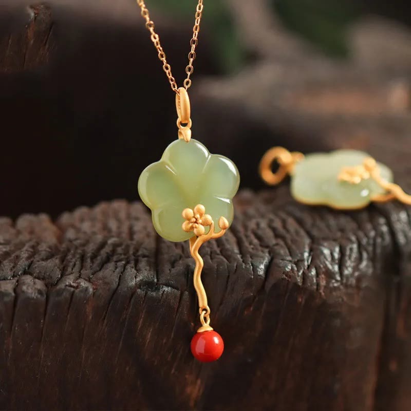 Nimara Ritual Vintage Plum Blossom Flower Jade Red Agate Prosperity Necklace Pendant