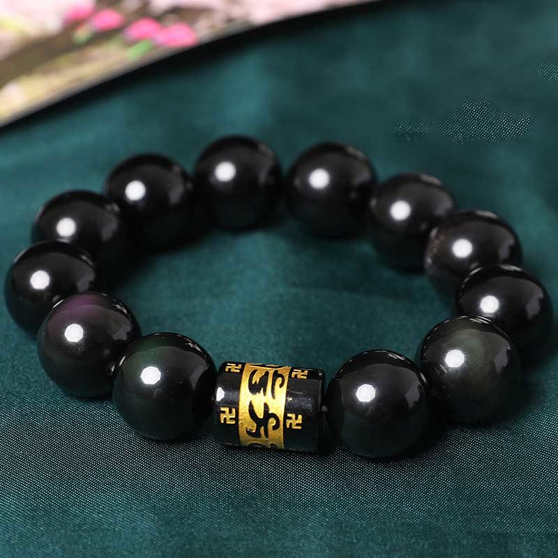 Nimara Ritual Rainbow Obsidian Om Mani Padme Hum Swastika Positive Bracelet