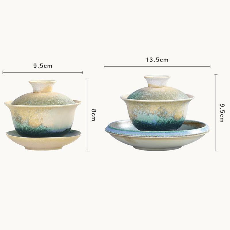 Nimara Ritual Green Ocean Waves Design Porcelain Ceramic Gaiwan Sancai Teacup Kung Fu Tea Cup And Saucer With Lid