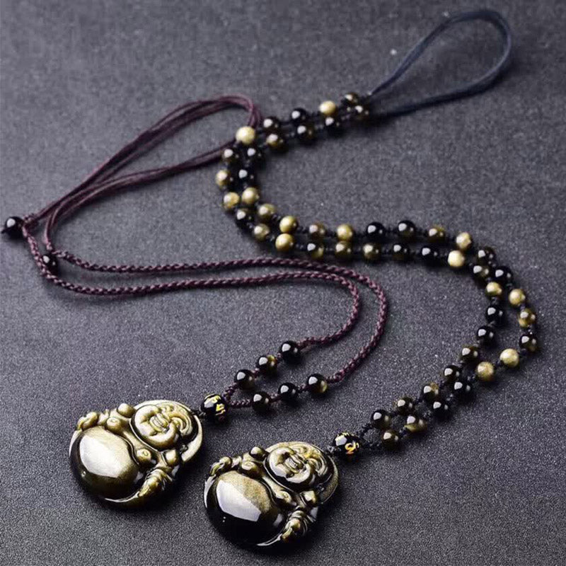 Nimara Ritual Laughing Buddha Gold Sheen Obsidian Wealth Necklace Pendant
