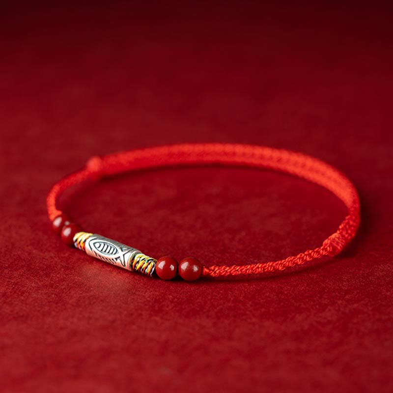 Nimara Ritual 925 Sterling Silver Koi Fish Cinnabar Bead Wealth Handcrafted Braided Bracelet Anklet
