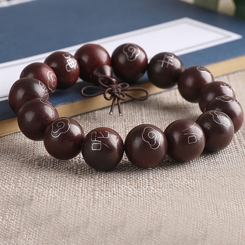 Nimara Ritual 925 Sterling Silver Inlaid Small Leaf Red Sandalwood Om Mani Padme Hum Character Auspicious Clouds Protection Bracelet