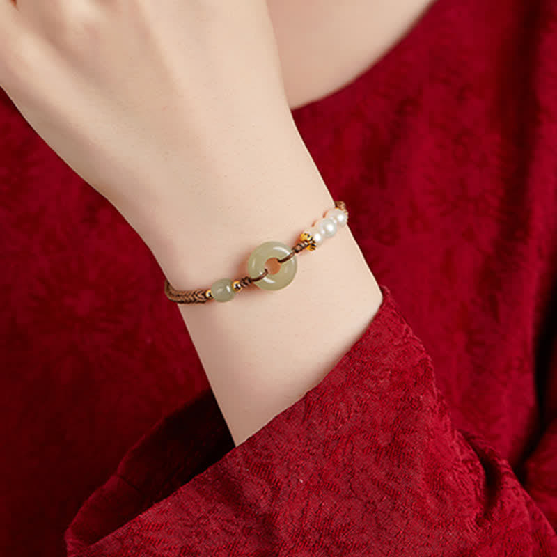 Nimara Ritual Natural Hetian Jade Pearl Peace Buckle Luck Bracelet