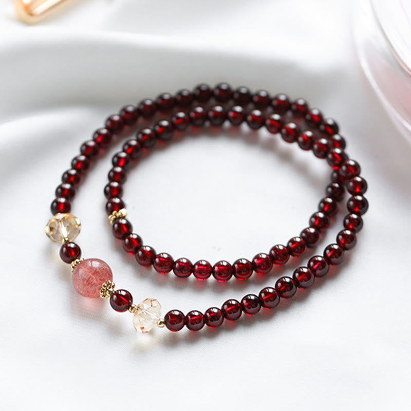 Nimara Ritual 14K Gold Plated Natural Garnet Strawberry Quartz Stability Double Wrap Bracelet
