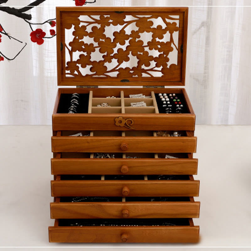 Nimara Ritual Vintage Plum Blossom Carved Wooden Jewelry Box Six-Layer Jewelry Storage Box