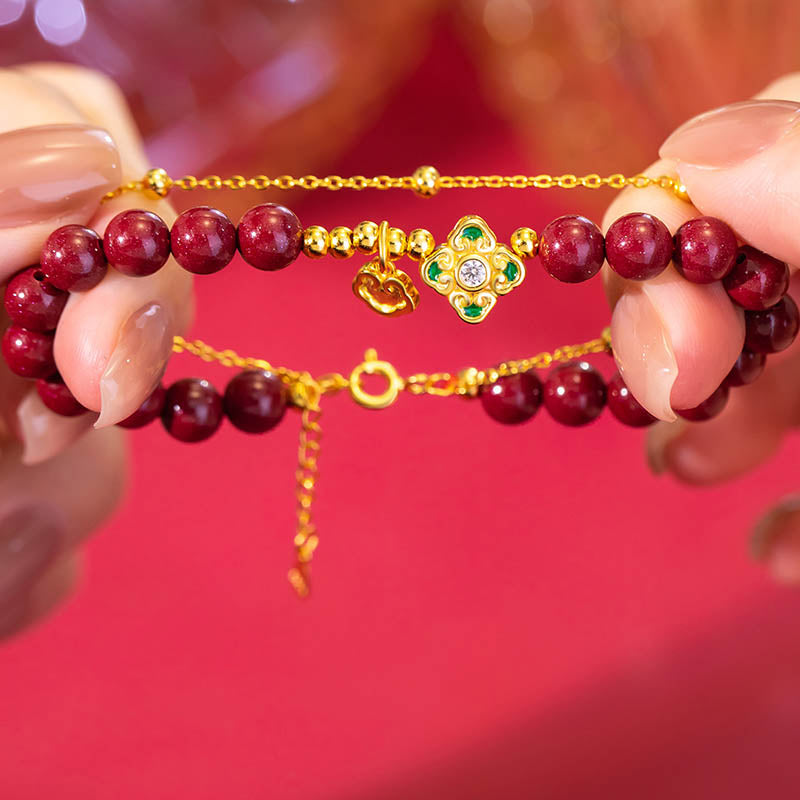 Nimara Ritual 925 Sterling Silver Natural Cinnabar Four Leaf Clover Flower Blessing Chain Bracelet