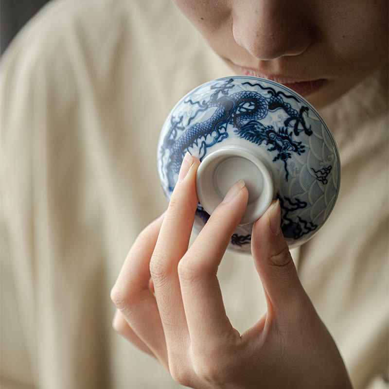 Nimara Ritual Blue Dragon Design Ceramic Teacup Kung Fu Tea Cups