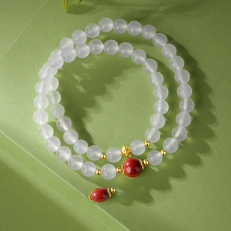 Nimara Ritual 925 Sterling Silver Natural White Agate Cinnabar Double Wrap Protection Bracelet