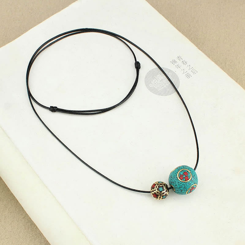 Nimara Ritual Tibetan Turquoise Double Bead Protection Strength Necklace Pendant